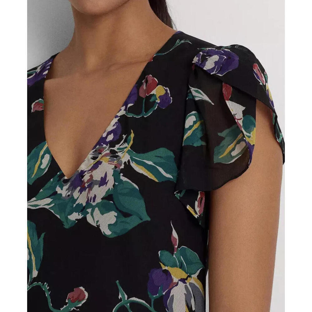 RALPH LAUREN V-neck Ruffled Hem Floral Print Georgette Drop Waist Dress 0 New - Picture 3 of 7